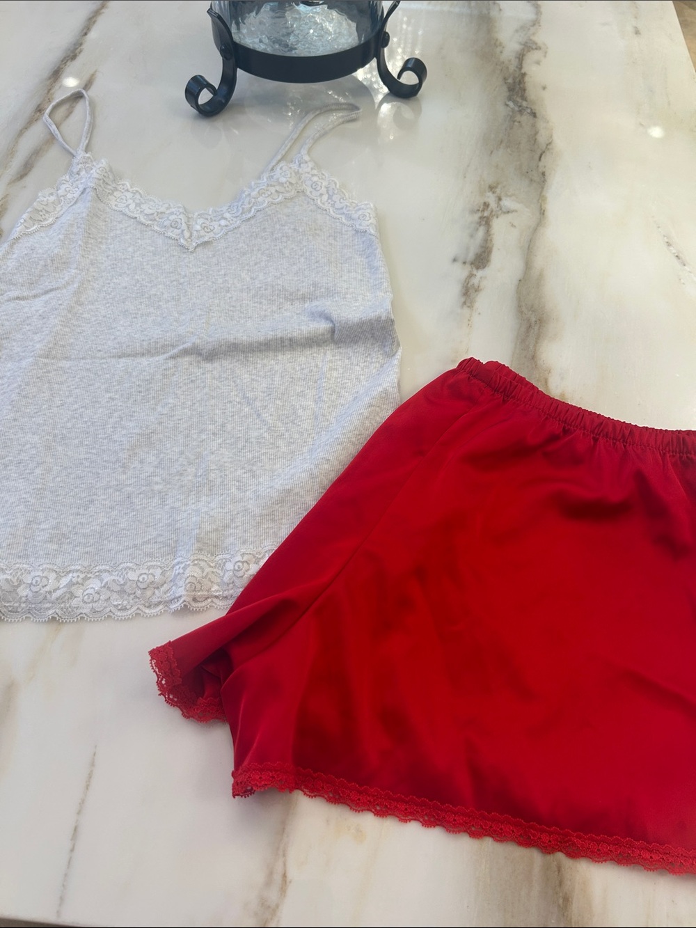 wild fable White Lace-Trim Cami with Red Satin Lounge Shorts